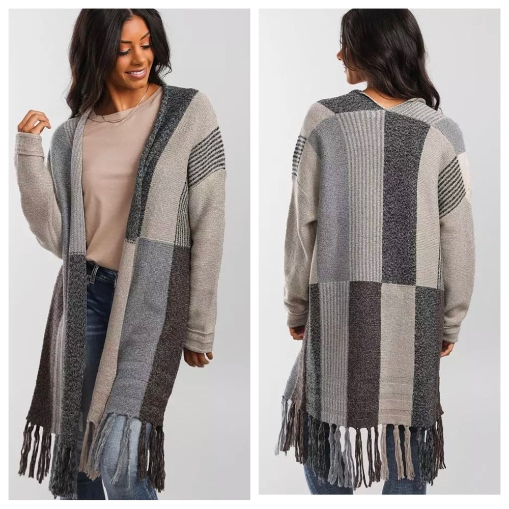 Buckle Black Color Block Duster Cardigan Sweater Size S 137